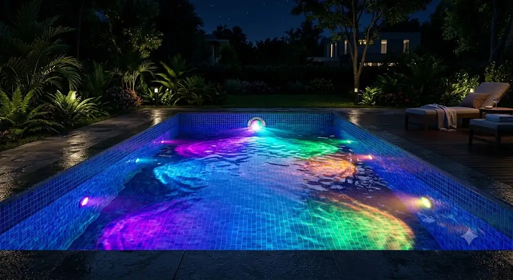 Projecteur LED piscine multicolore illuminant un bassin la nuit