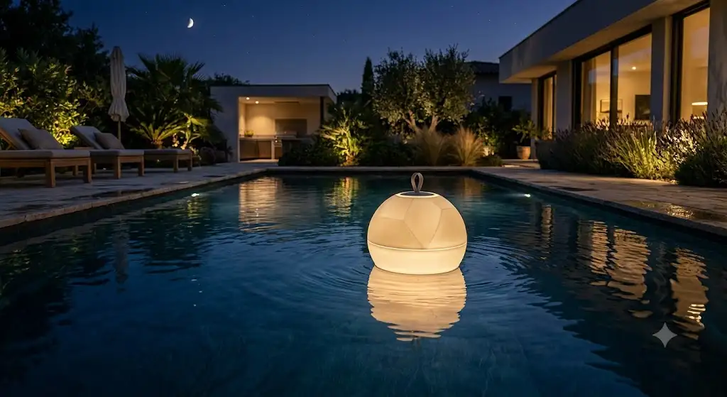 lampe flottante piscine design illuminant un bassin la nuit.
