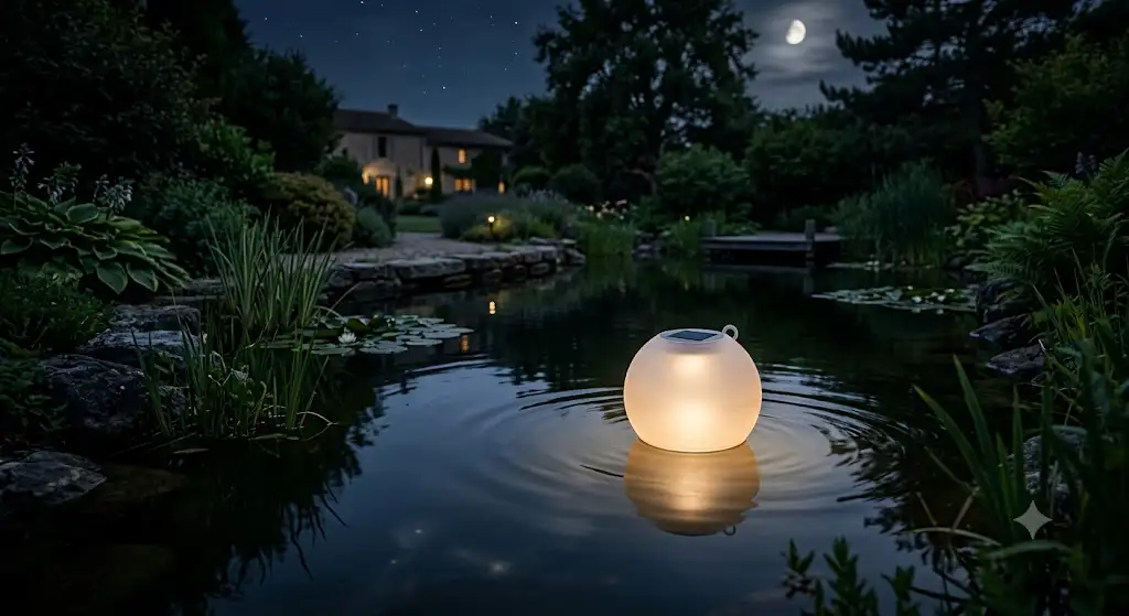 boule lumineuse solaire piscine flottant à la surface d'un bassin de jardin la nuit.