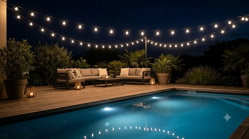 Ambiance nocturne chaleureuse avec guirlande lumineuse blanc chaud suspendue au-dessus d'une terrasse en bois et piscine. (guirlande lumineuse terrasse piscine)