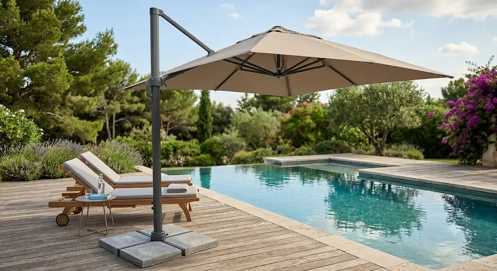 Grand parasol de piscine déporté haut de gamme installé sur une terrasse en bois près d'un bassin