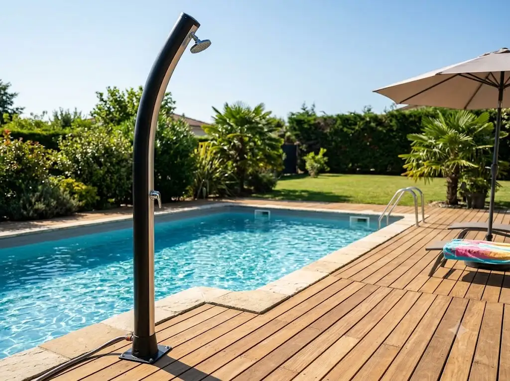 douche solaire piscine installée sur une plage de terrasse en bois au soleil.