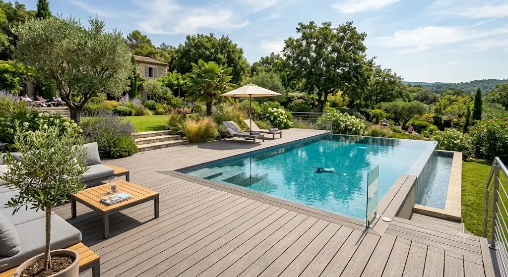 Grande terrasse en bois composite installée autour d'une piscine moderne dans un jardin paysagé. (terrasse bois composite piscine)