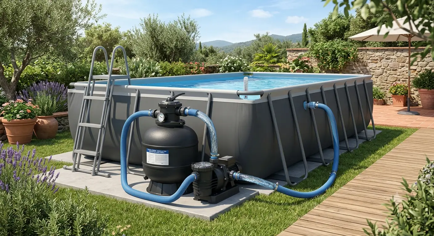 Panoramica di un filtro a sabbia per piscina fuori terra installato vicino alla vasca nel giardino