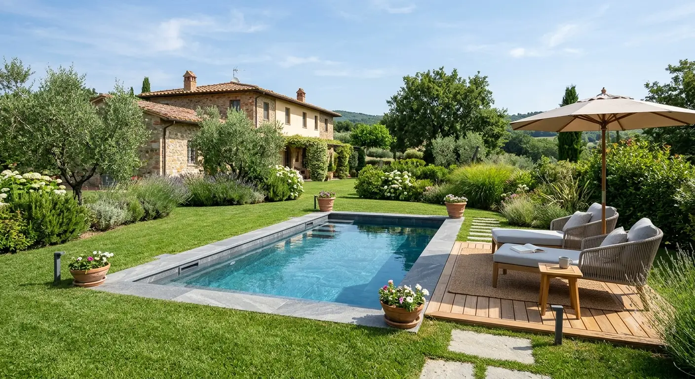 Panoramica di una mini piscina da giardino moderna installata su un prato verde curato con zona relax.