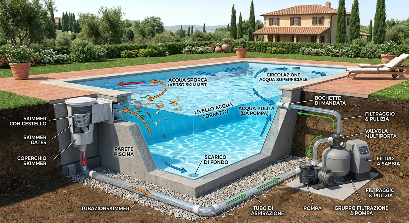 Schema del funzionamento di una piscina a skimmer con frecce per la circolazione e il filtraggio dell'acqua