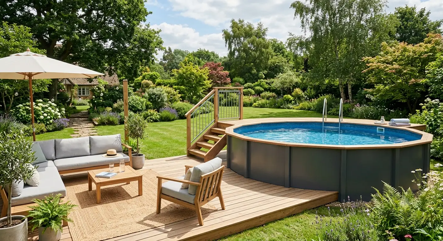 Piscina fuori terra in acciaio installata in un ampio giardino verde con zona relax