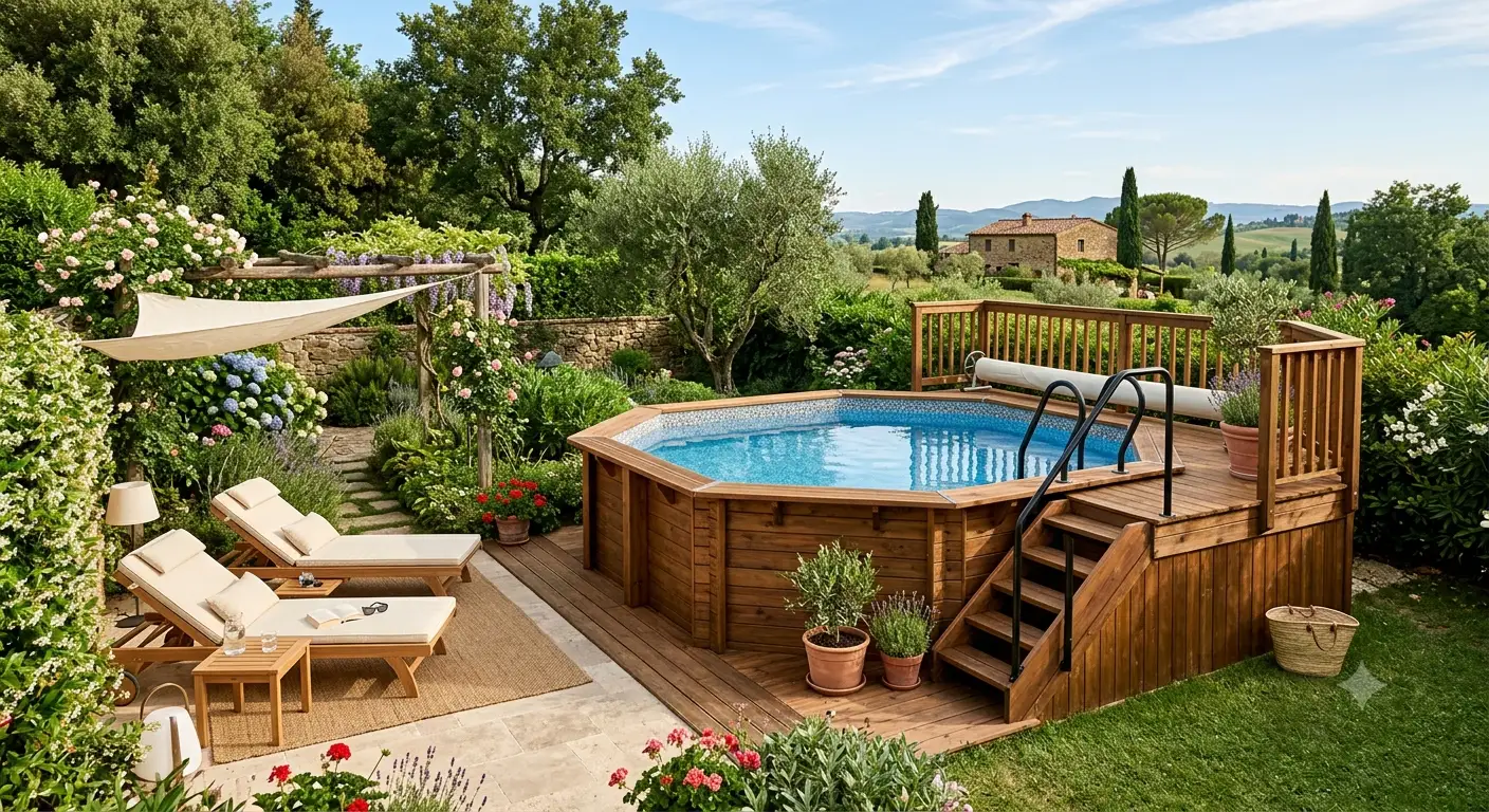 Piscina fuori terra in legno installata in un giardino verde con zona relax