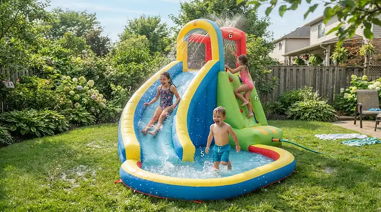 Bambini che giocano in una colorata piscina gonfiabile con scivolo installata nel prato di casa durante l'estate