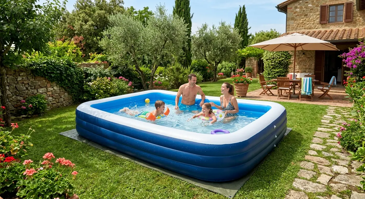 Piscina gonfiabile family di grandi dimensioni installata nel verde del giardino di casa