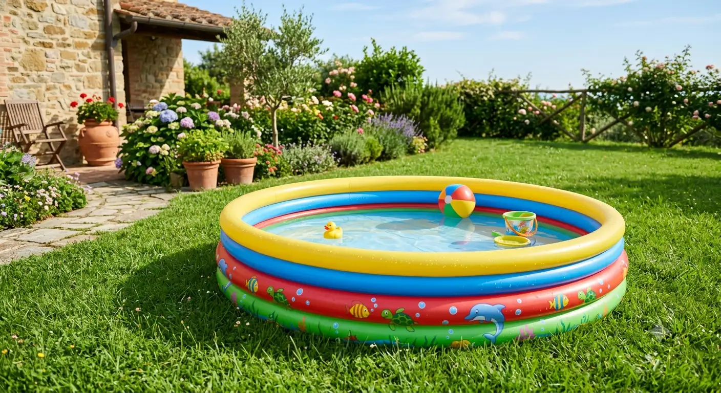 Piscina gonfiabile per bambini colorata posizionata in un giardino verde durante una giornata di sole