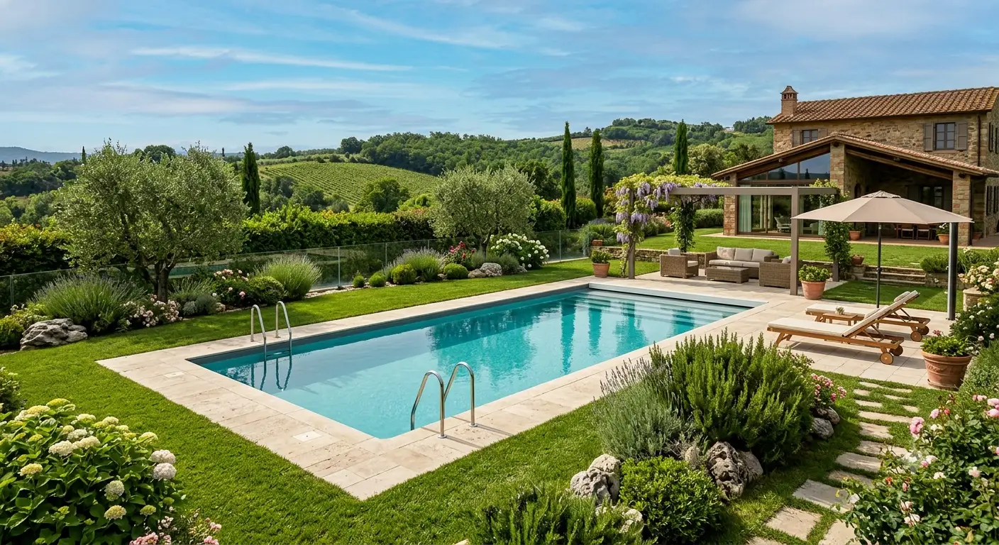 Panoramica di una moderna piscina interrata in pannelli d'acciaio installata in un giardino residenziale curato