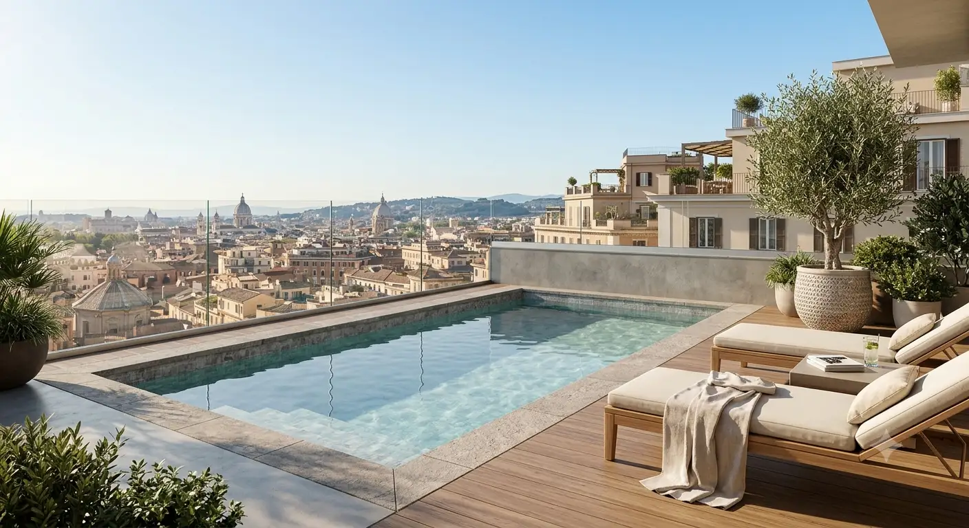 Piscina moderna per terrazzi e balconi con zona relax e vista panoramica sulla citta.