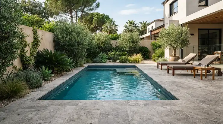 Installazione di una piscina plunge pool piccola in un giardino residenziale moderno, perfetta per spazi esterni compatti.