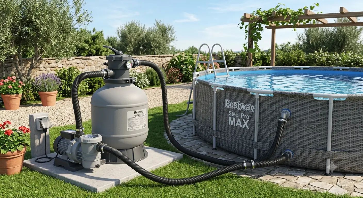 Panoramica completa dei sistemi di pompe e filtri Bestway installati accanto a una piscina fuori terra in giardino