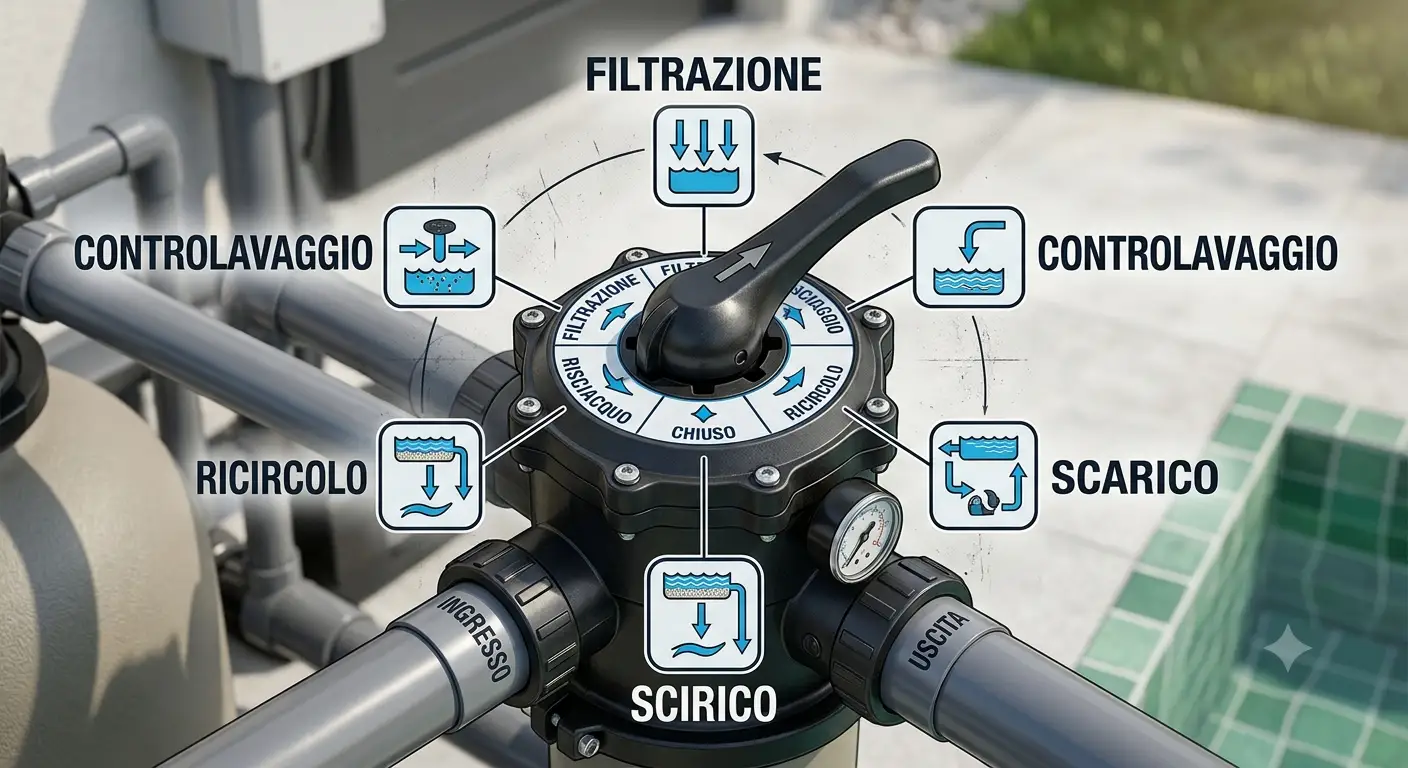 Schema con le sei posizioni principali della valvola multivia per piscina